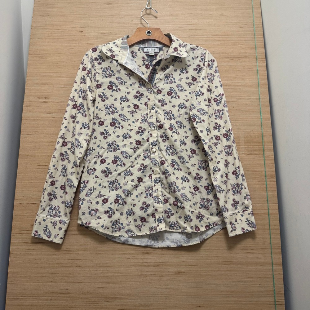 Orvis Womens Floral Paisley Button Down Shirt Cream Burgundy Blue Size‎ 4